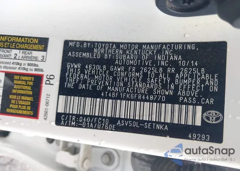 2015 Toyota Camry Le from USA, damaged, VIN 4T4BF1FK6FR448770